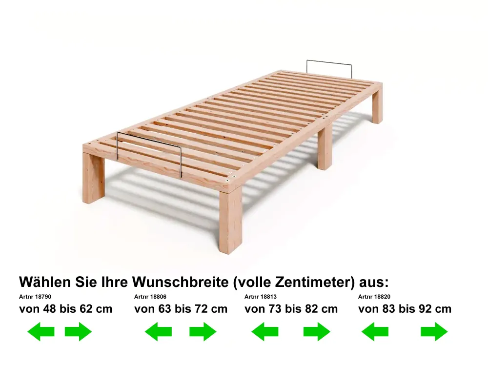 Sondermaß – Wunschbreite Kiefer massiv Holzbett Gigapur G56 Naturbelassen, mit Standardfuß 25cm Höhe,  inkl. Lattenrost und Matratzenbügeln 