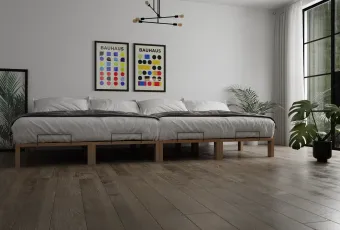 Kiefer massiv Holzbett Gigapur G56, naturbelassen, mit Standardfuß 25 cm Höhe, inkl. Lattenrost und Matratzenbügeln, Liegefläche 360x200cm best. aus 4x 90 x 200 cm 200 | 360 | Fuß 25cm Rahmen 4cm Gesamt 29cm